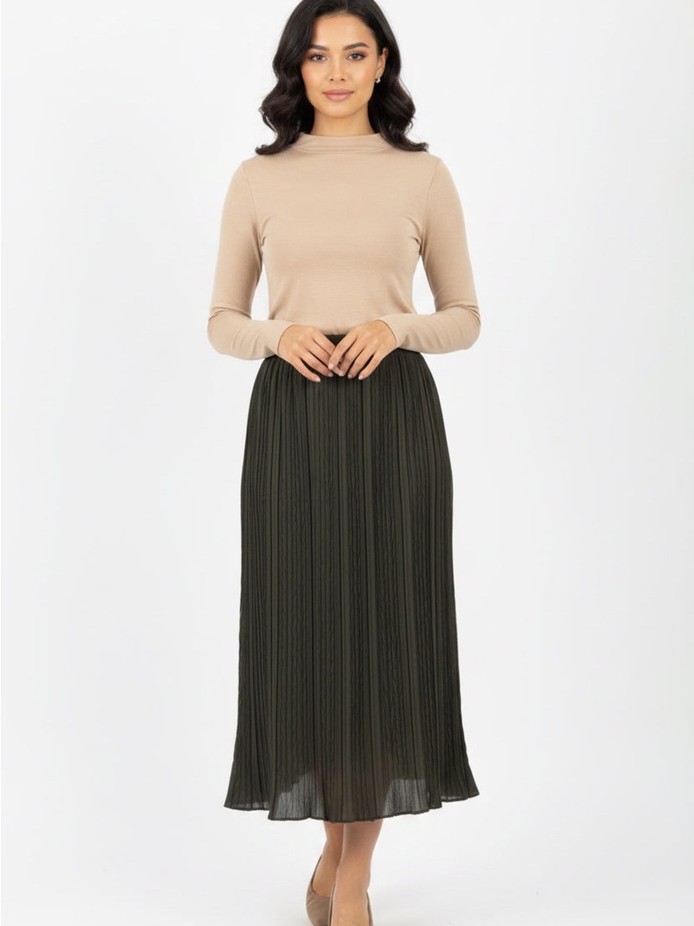 MELLODAY Olive Green Pleated Midi Skirt